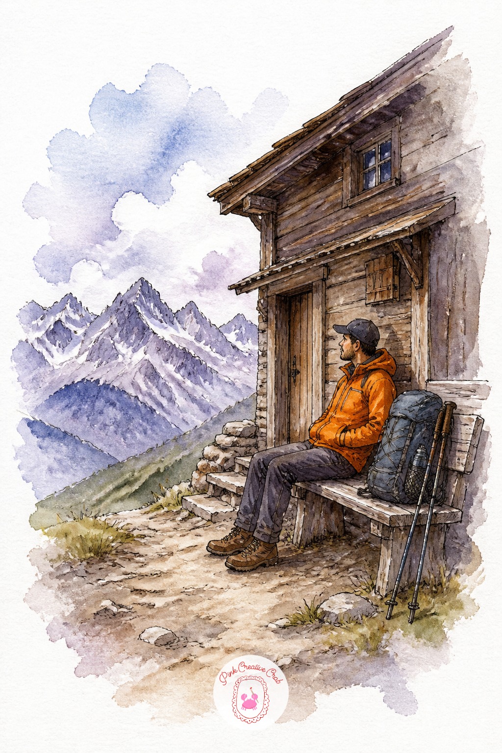 Hiker Resting Outside a Mountain Hut — Decide where the light comes from before the first brushstroke. Travel sketchbook