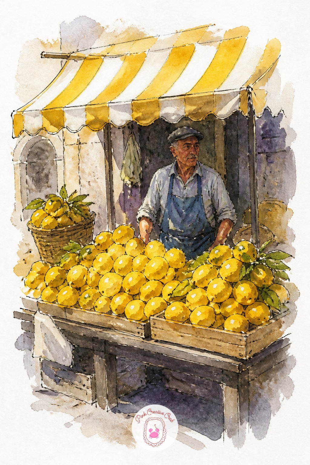 Lemon Stall in a Southern Market — Build the pile of lemons as one shape before you paint a single lemon. Travel sketchbook