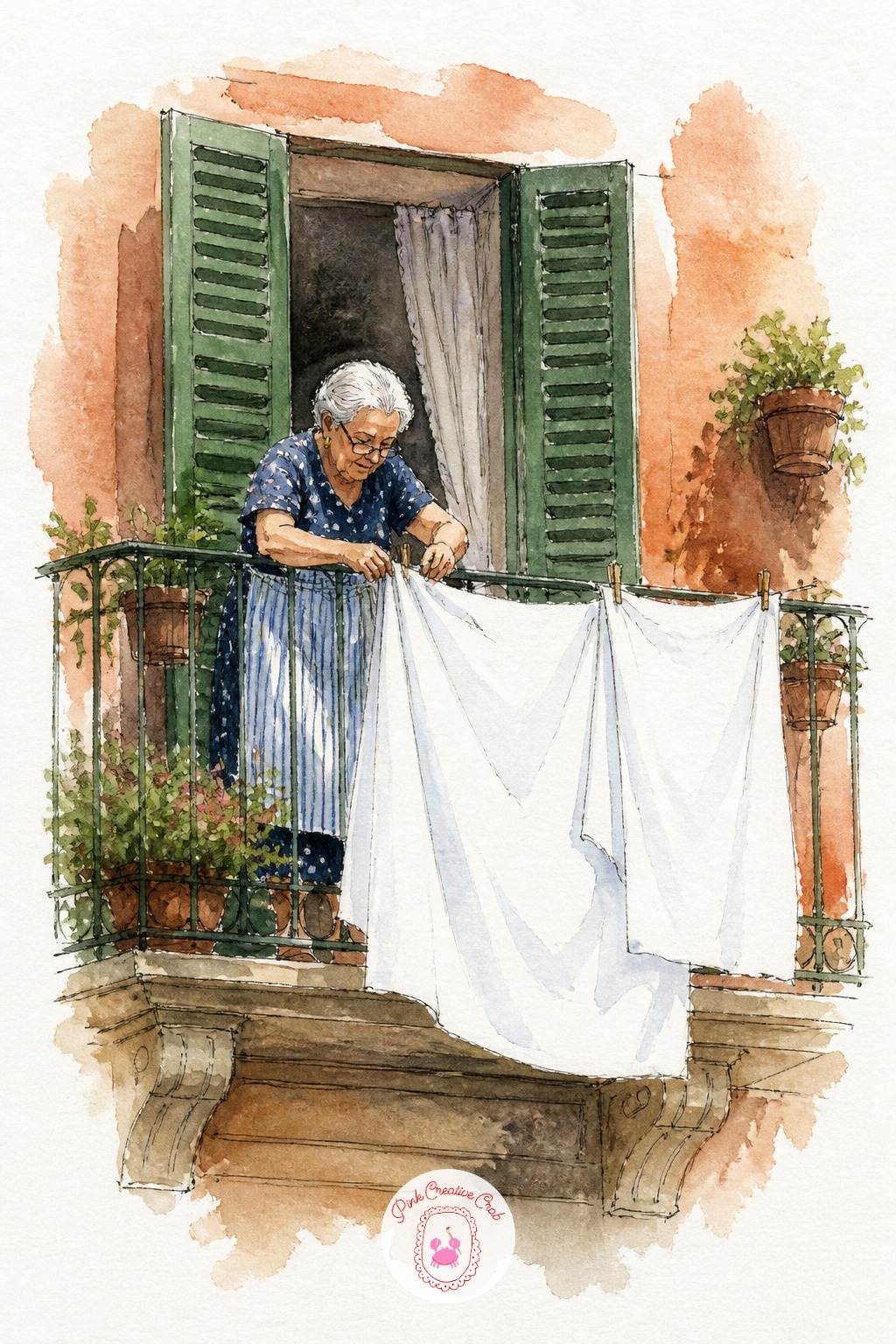Grandmother Hanging Laundry on a Balcony — Lay down the first three marks in this order: the balcony railing, the hanging sheet, then the figure. Travel