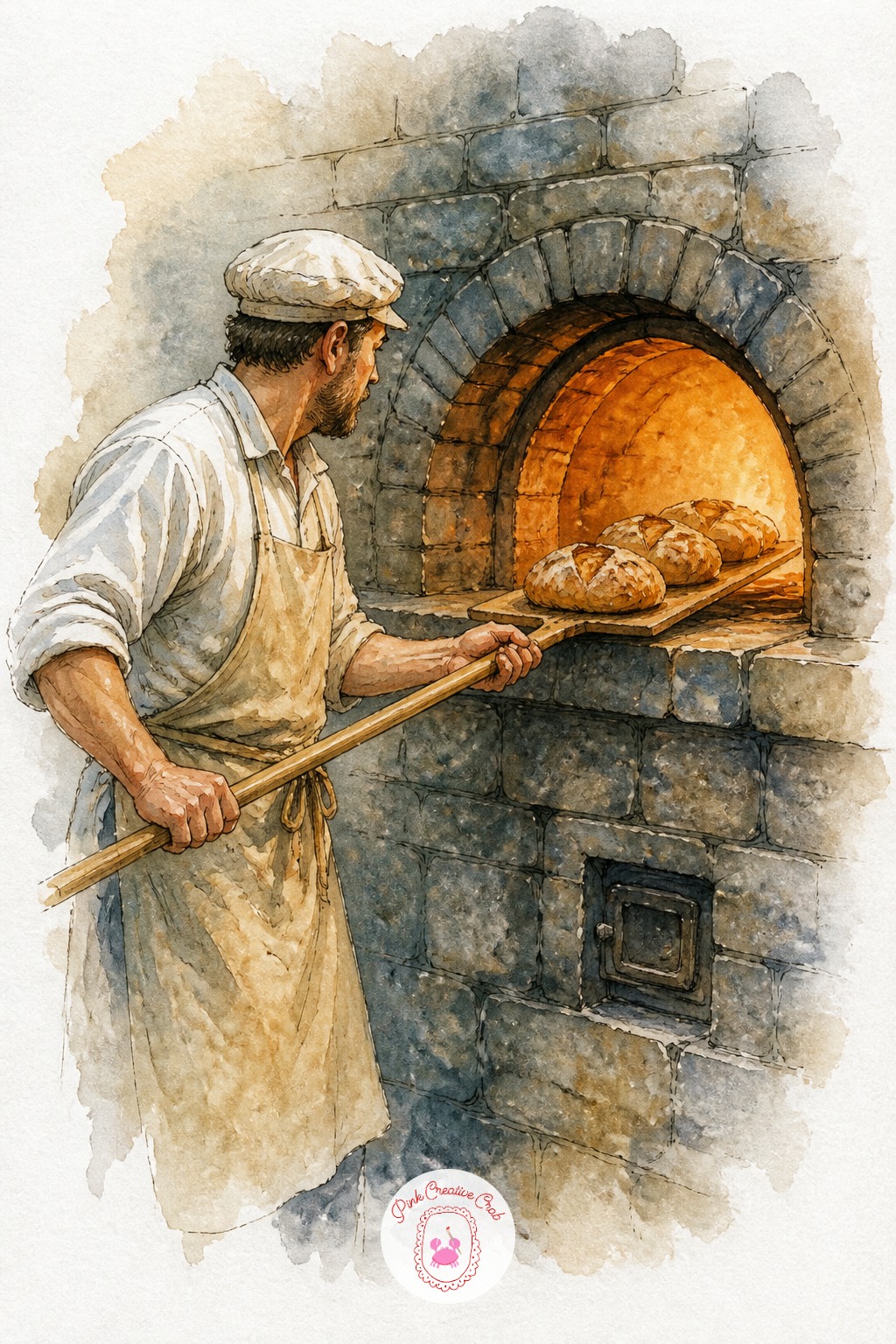 Baker Pulling Bread From an Oven Window — Ten minutes gets you the bones of this one: the oven's arched opening, the baker's arm reaching in with a long