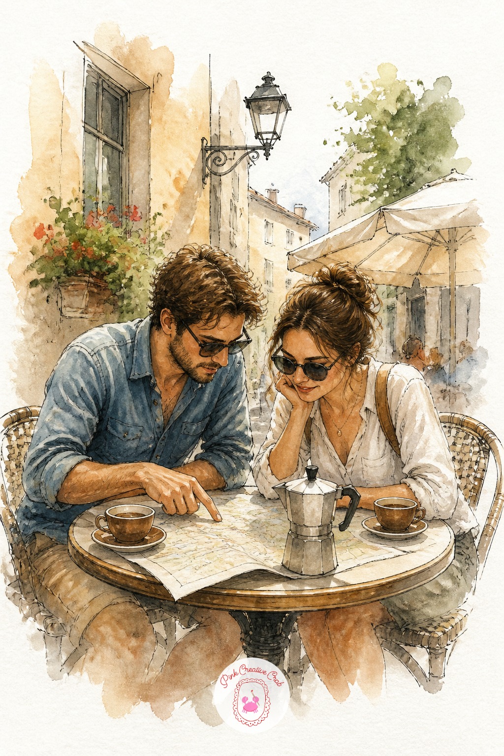 Couple Sharing a Map at a Café Table — Count heads before you paint, since this scene lives or dies on the two figures matching in scale. Travel sketchbook