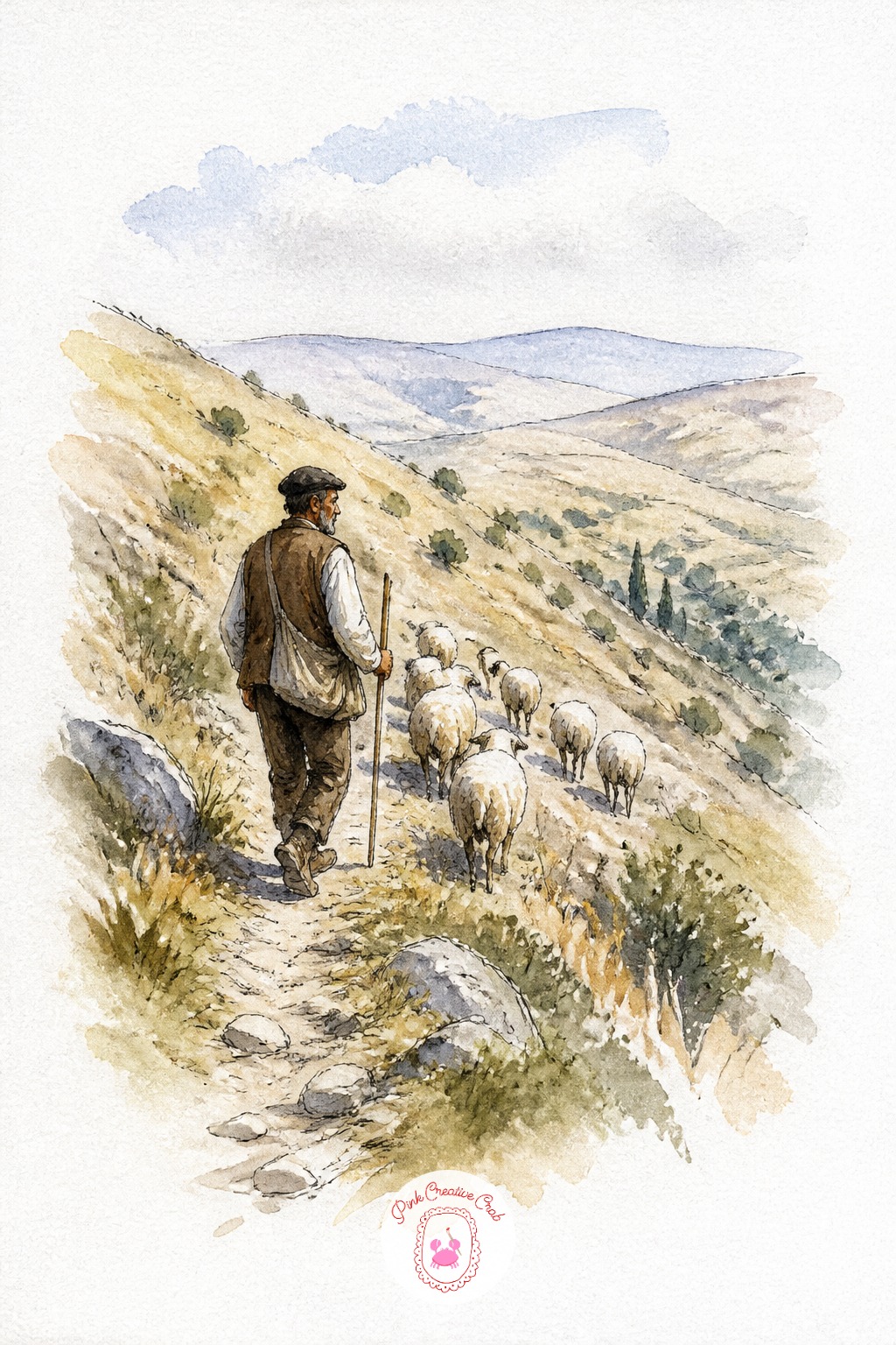 Shepherd Crossing a Hillside Path — Set the eye level at the shepherd's waist height and keep it there for the whole page. Travel sketchbook