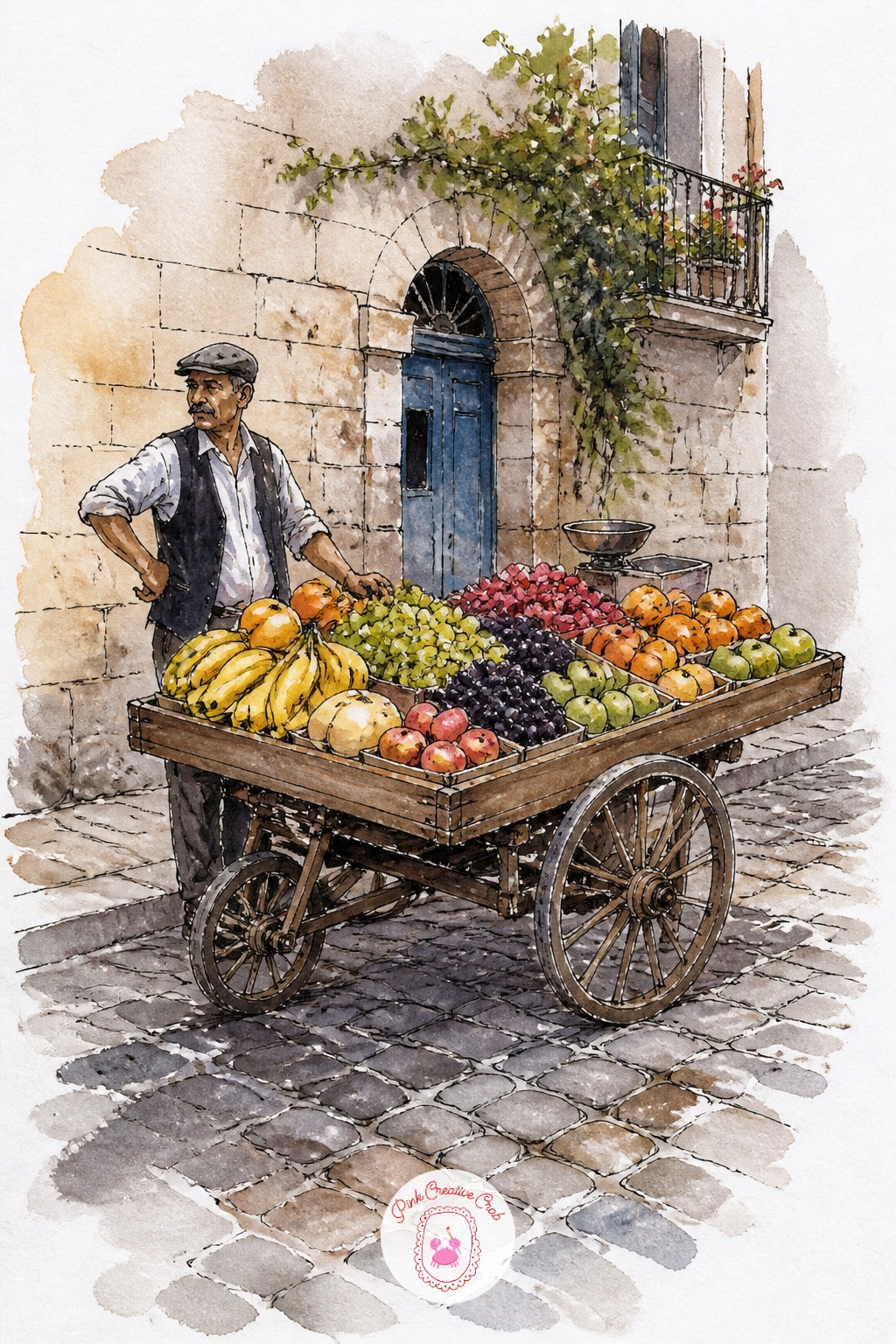 Fruit Seller's Cart on a Cobbled Street — Dry brush does the heavy lifting on cobblestones. Travel sketchbook