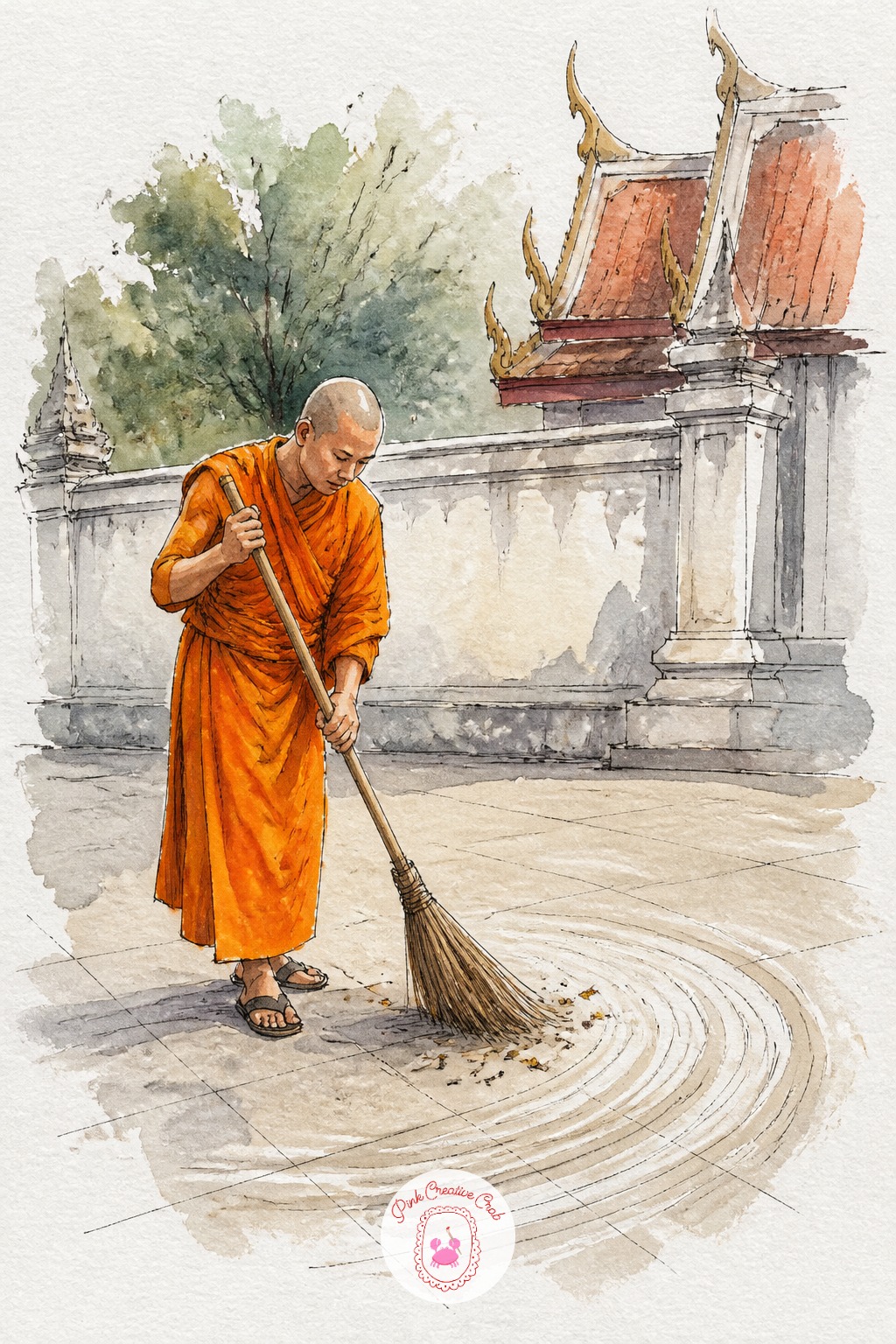 Monk Sweeping a Temple Courtyard — This scene asks for a brush no wider than a small round, since the broom's thin handle and the swept lines on the courtyard