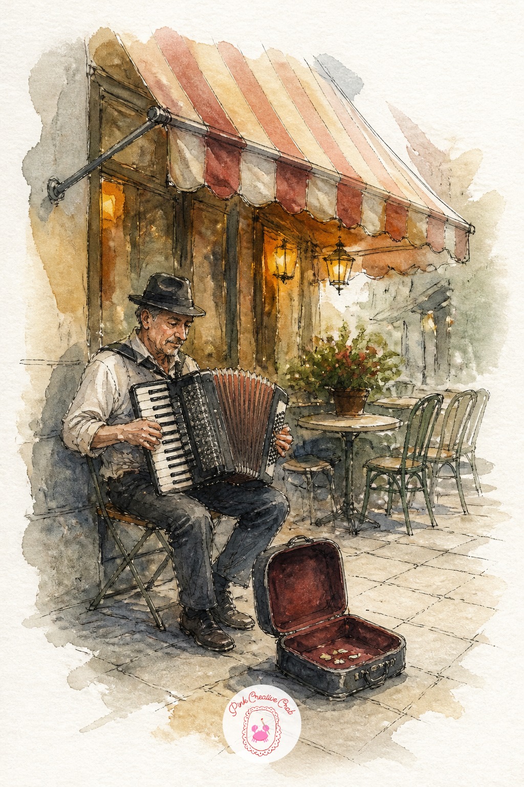 Street Musician Under a Café Awning — Begin with the accordion or guitar, not the musician's face, since the instrument's angle sets the whole pose. Travel