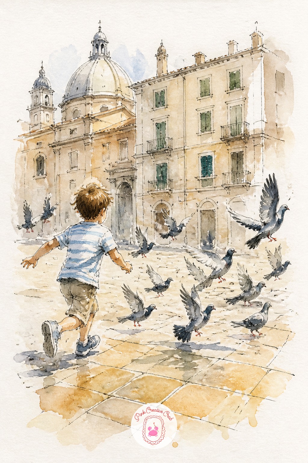 Child Chasing Pigeons in a Piazza — Movement here comes from leaving edges unfinished, not from drawing speed lines. Travel sketchbook