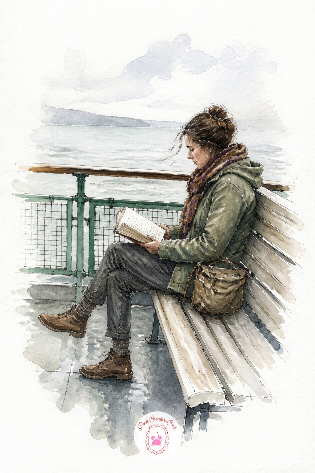 Woman Reading on a Ferry Deck Bench — Next time you paint this one, change only the weather and watch how differently the whole page reads. Travel sketchbook