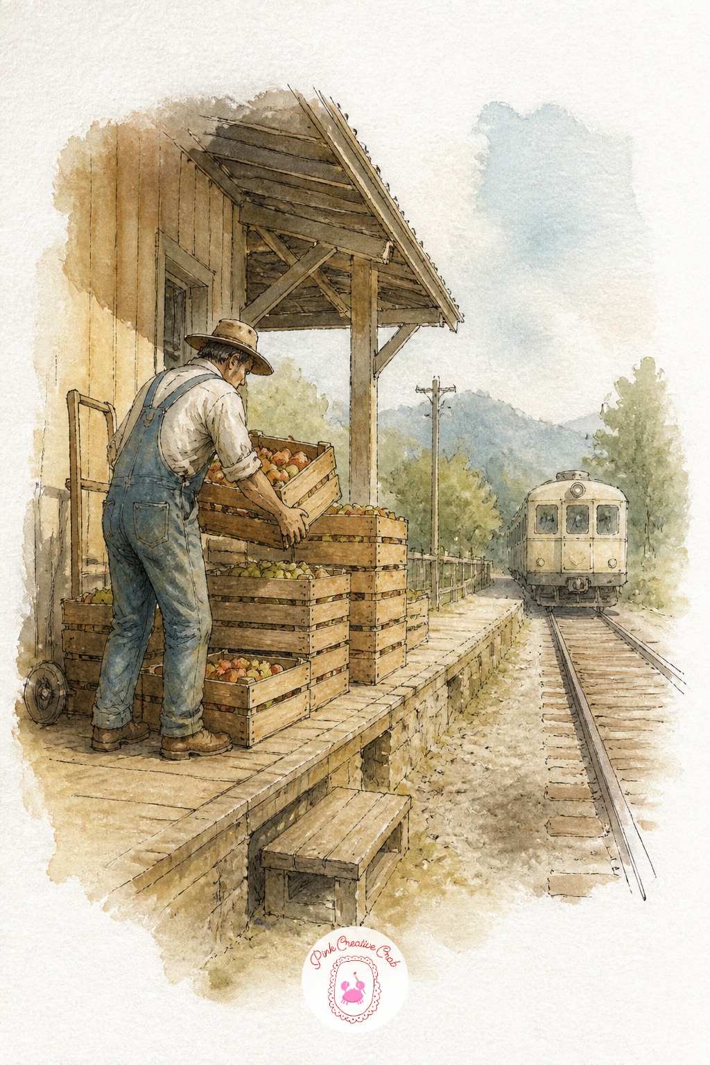 Farmer Loading Crates at a Rural Station — Get the platform's perspective right by picking one vanishing point at the farmer's eye level and letting the