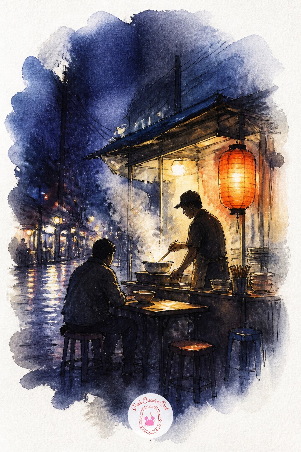 Noodle Stall Steam on a Night Street — Build this one almost entirely from dark to light in reverse order. Travel sketchbook