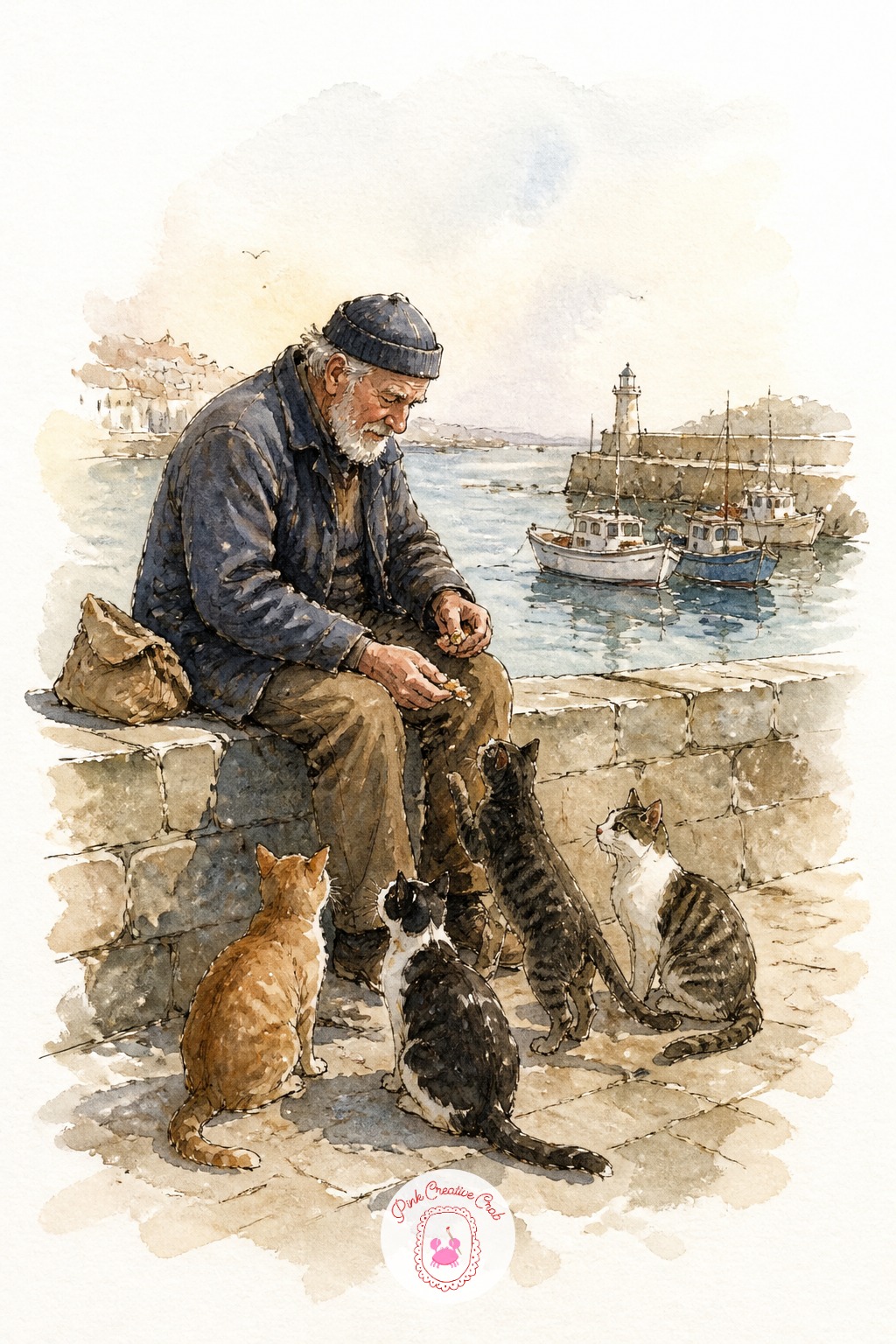 Old Man Feeding Cats by a Harbor Wall — Check proportion by comparing the man's seated height to the harbor wall behind him. Travel sketchbook