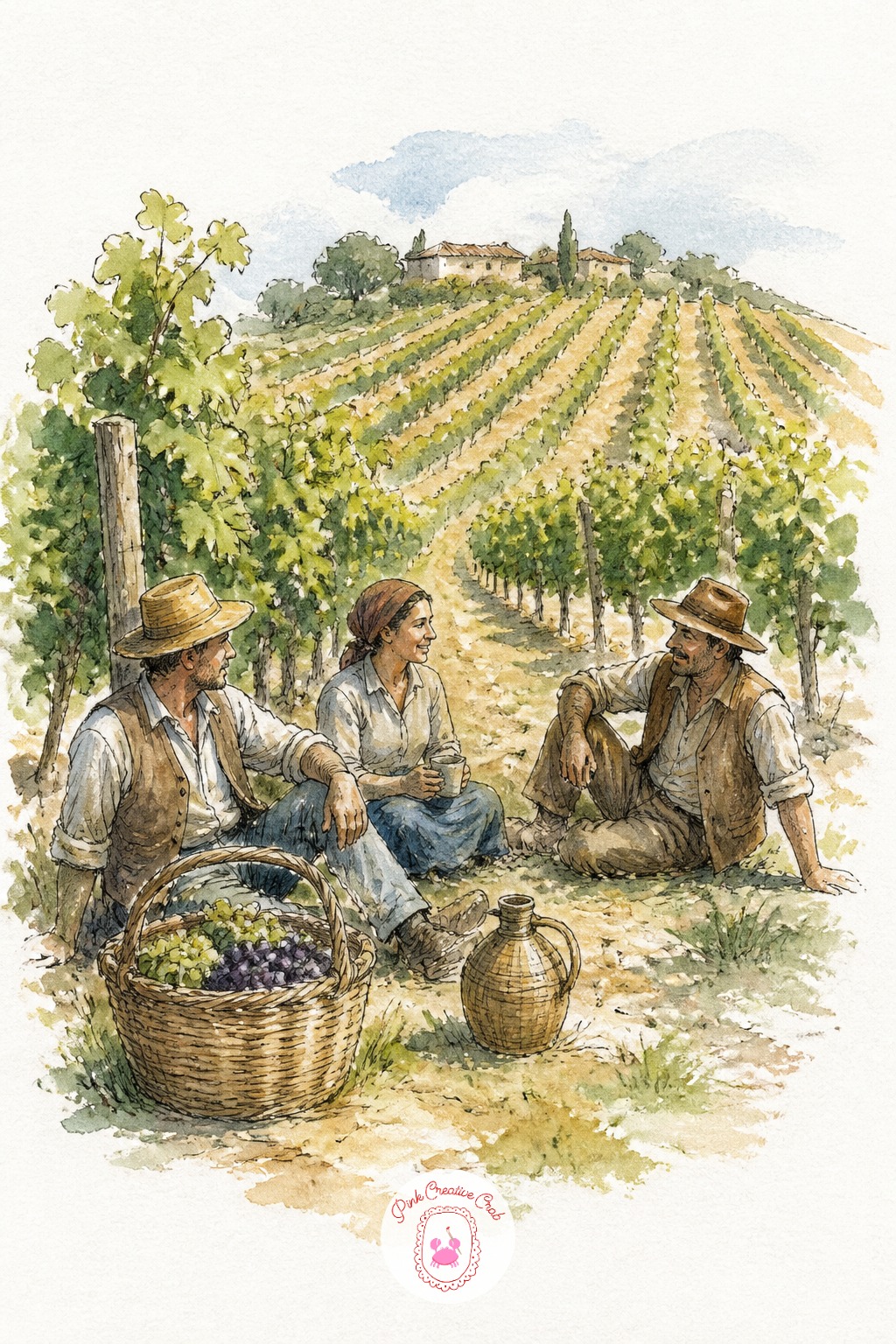 Vineyard Workers Taking a Midday Break — Measure the row spacing before the figures go in. Travel sketchbook