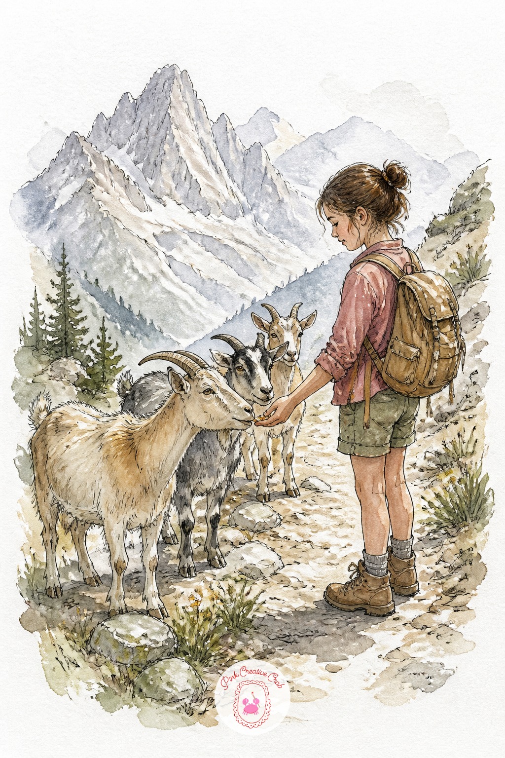 Girl Feeding Goats on a Mountain Trail — Keep the pencil grade soft for this one, since the goats' shaggy coats need loose, slightly broken lines rather than a