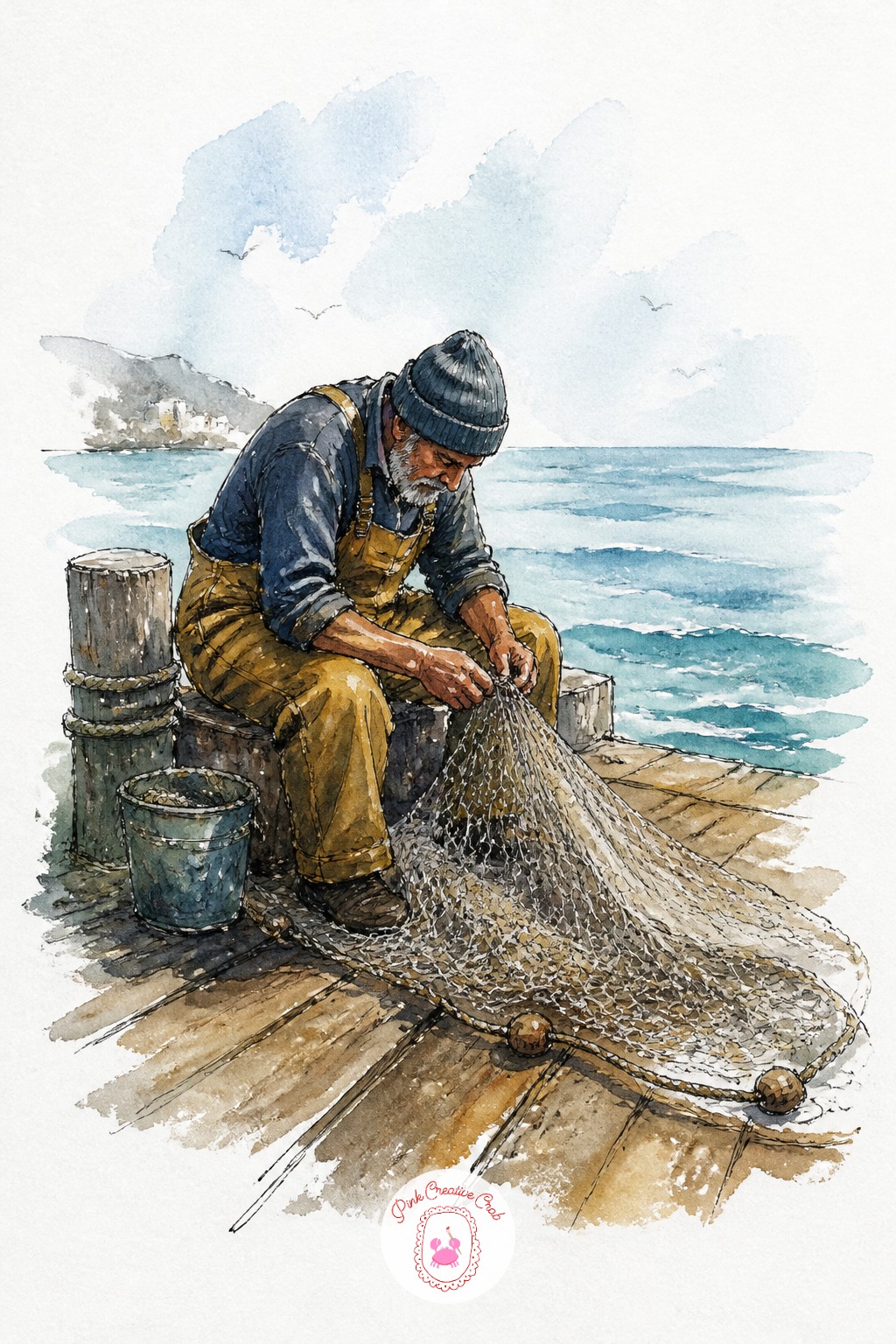 Fisherman Mending Nets on a Jetty — The usual mistake with net mending scenes is drawing every rope crossing in the net, which turns the whole page into a