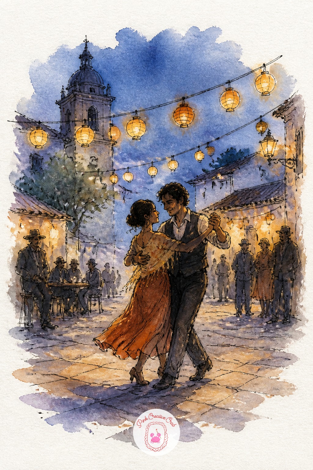 Couple Dancing in a Village Square at Dusk — Set the light source as a string of lanterns overhead rather than the sky, since that changes where shadows fall.