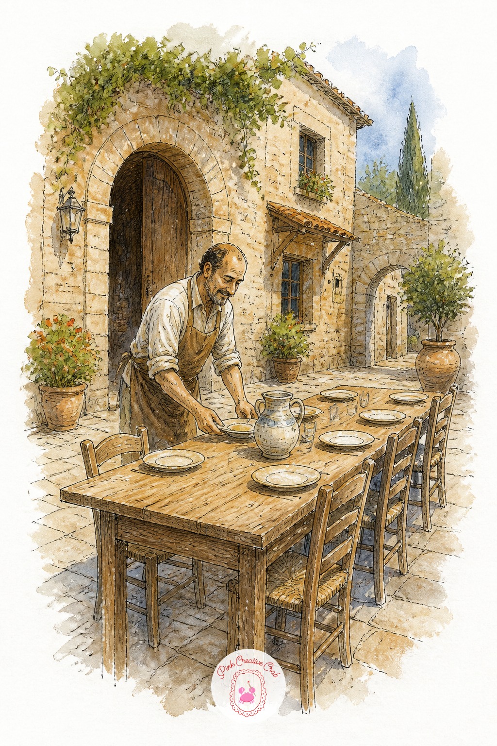 Innkeeper Setting Tables in a Stone Courtyard — Start with the table and chairs, then the innkeeper, then the dishes, in that order, since each later element