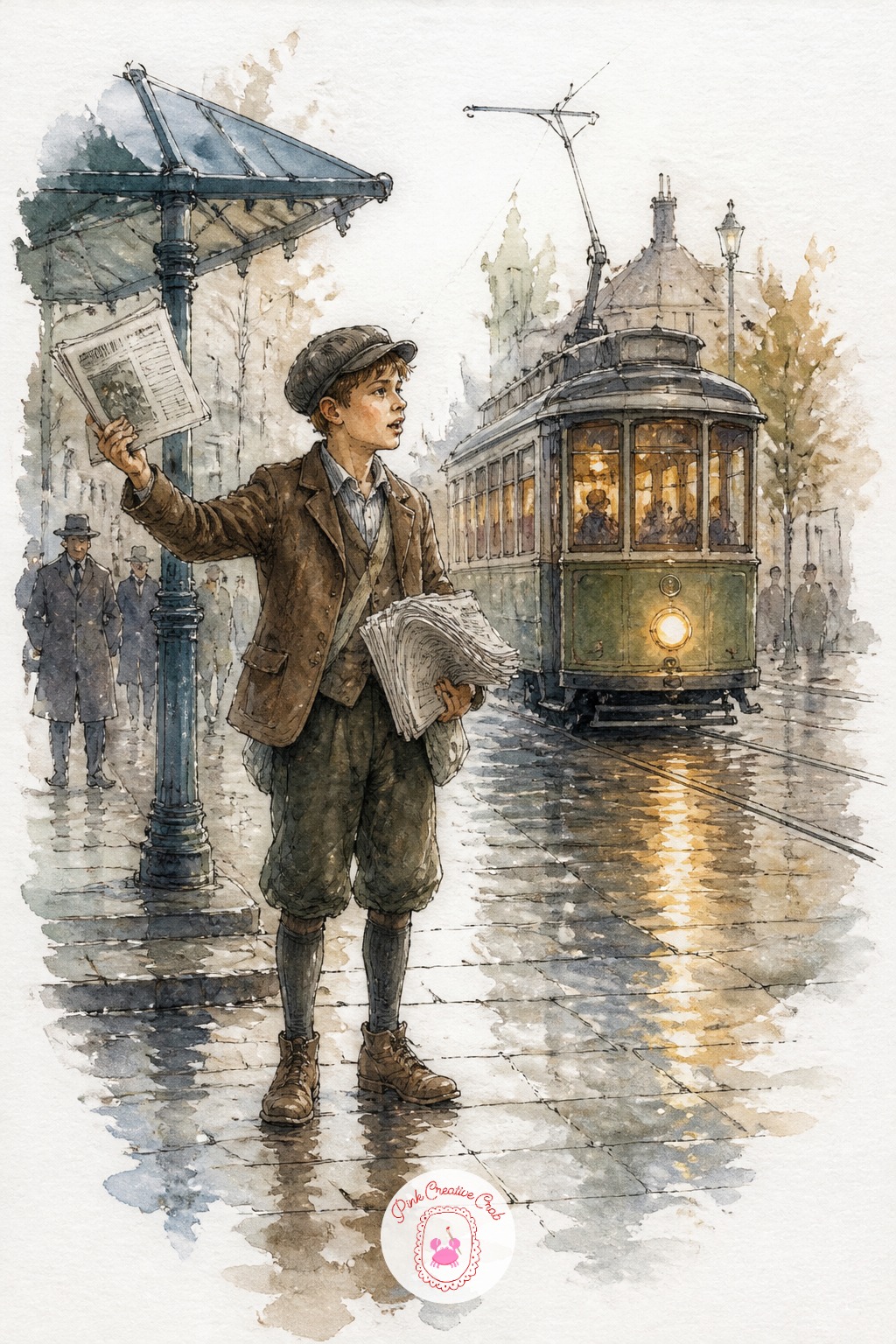 Boy Selling Newspapers at a Tram Stop — Ten minutes gives you the boy's standing pose, the stack of papers under his arm, and the tram's pale shape arriving