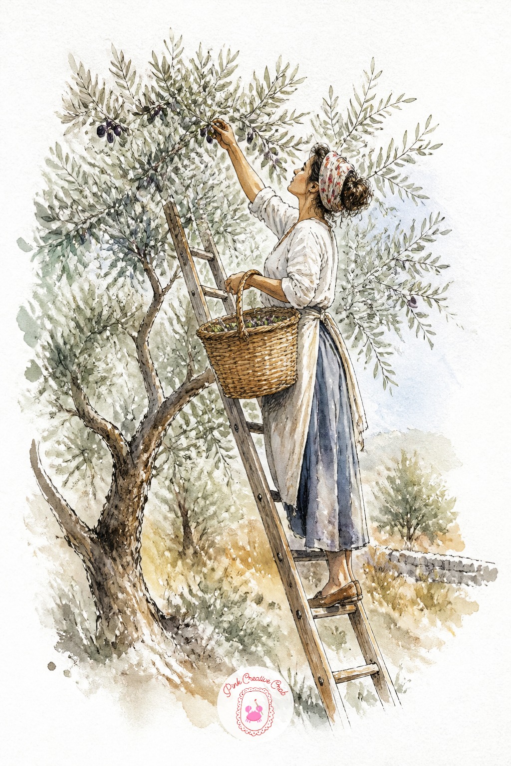 Woman Picking Olives With a Ladder — Count the ladder rungs against the woman's height to keep the whole scene believable. Travel sketchbook