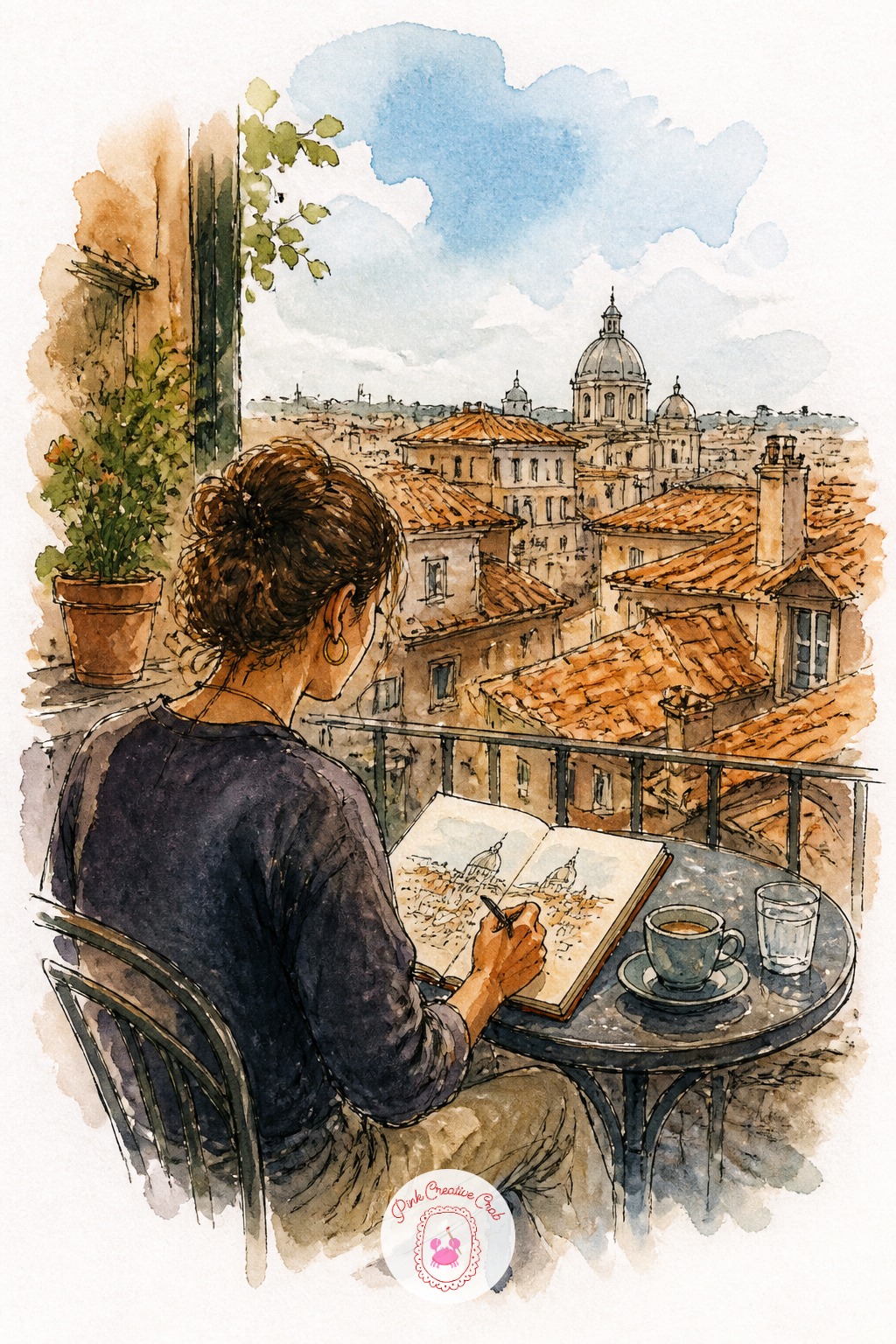 Traveler Sketching From a Rooftop Café — This is the one scene where the eye level sits above everything else in the book, looking down over rooftops rather