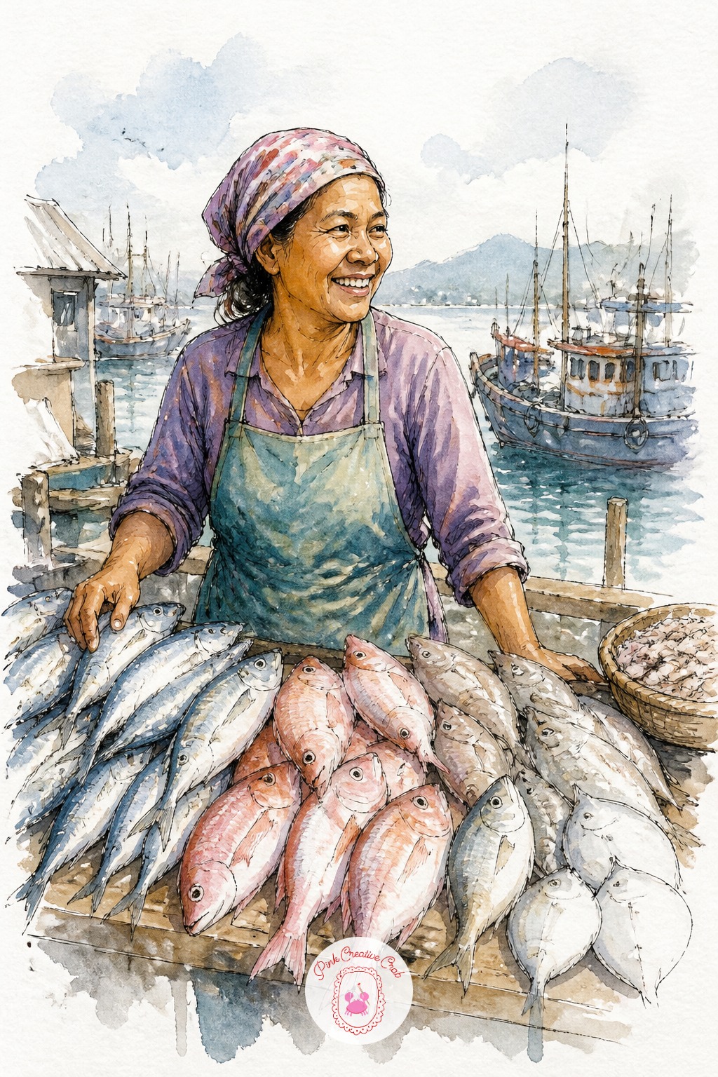 Fisherwoman Selling the Morning Catch — Build this scene's perspective trick around the fish laid out on the stall. Travel sketchbook
