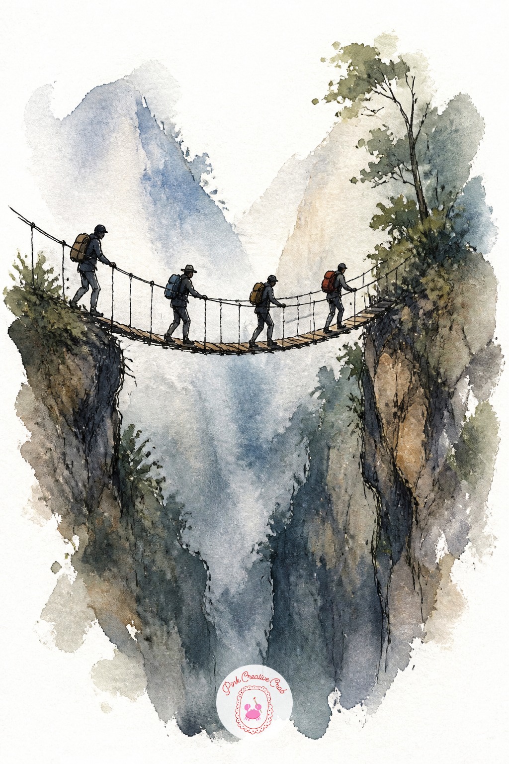 Trekkers Crossing a Rope Bridge — Get the bridge's sag right before anything else, since a flat straight bridge across a gorge looks like a drawn ruler, not a