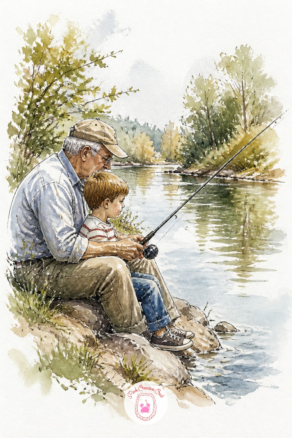Grandfather Teaching a Boy to Fish — Next time this scene comes up, change the water instead of the figures. Travel sketchbook