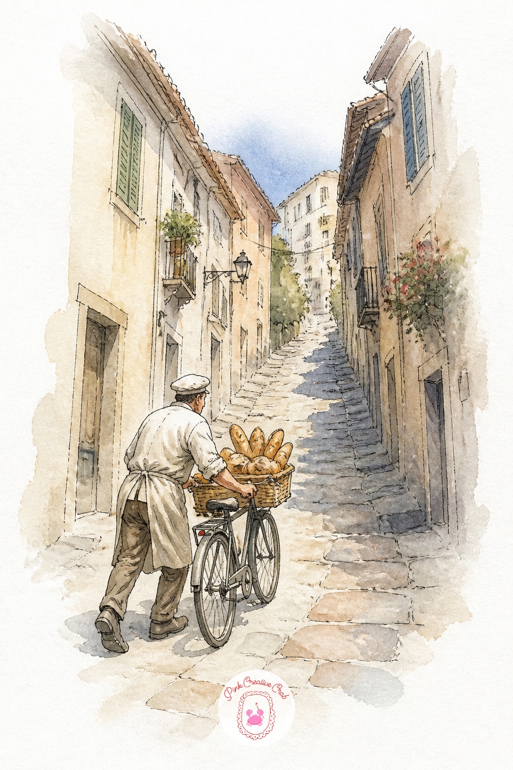 Baker's Delivery Bicycle on a Steep Street — Steep streets need their vanishing point pushed unusually low and close, almost below the page's bottom edge, so