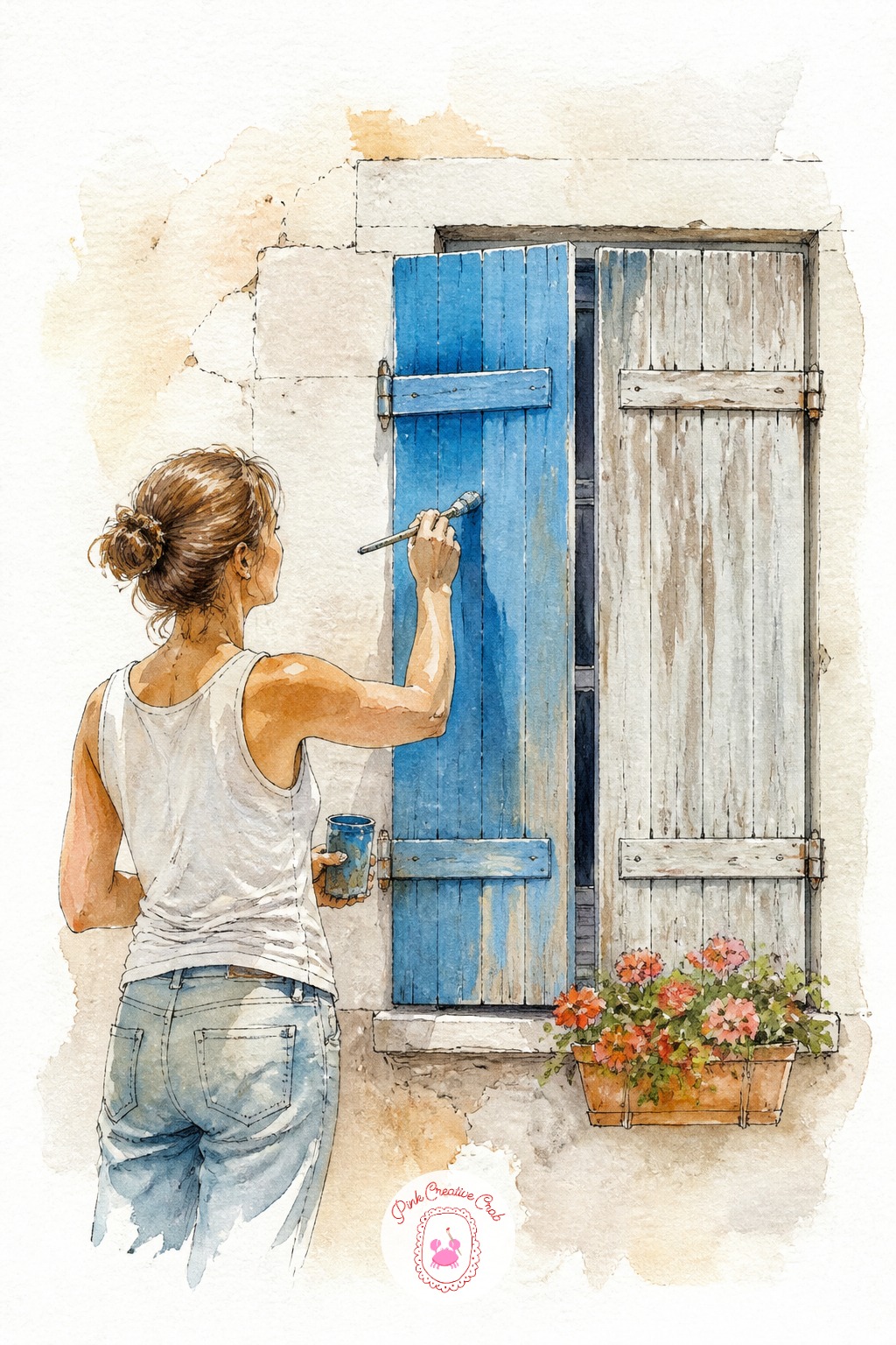 Woman Painting Shutters a Warm Blue — Reach for the smallest round brush in the kit for this one, since the shutter slats and the paintbrush in the woman's