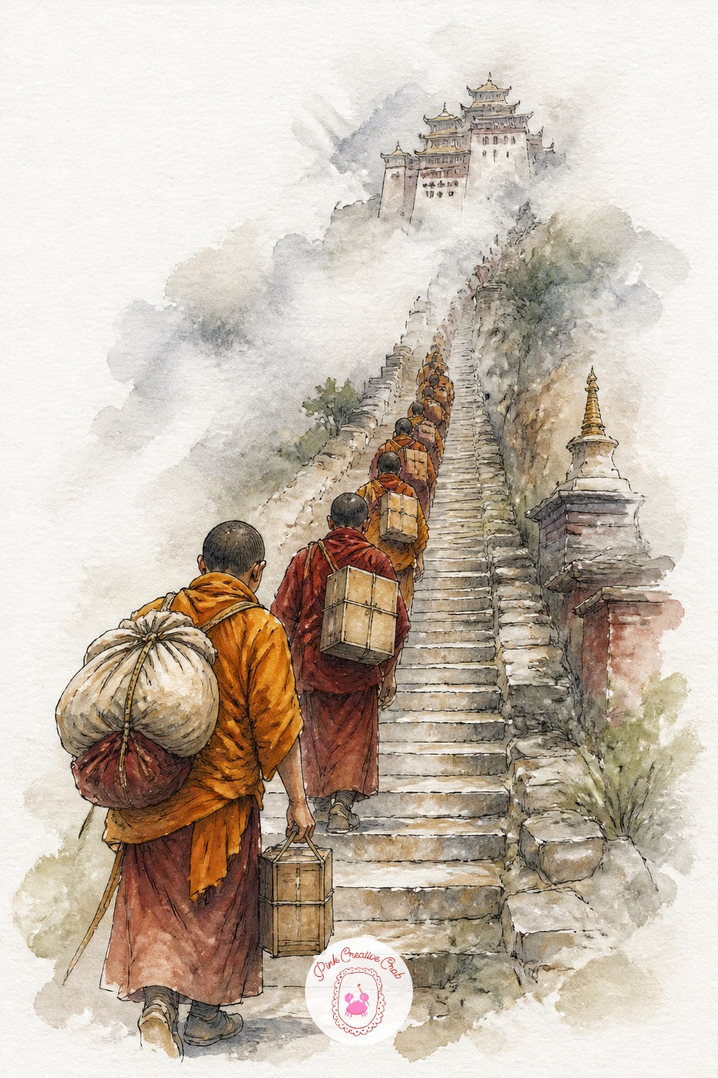 Monks Carrying Supplies Up a Temple Stair — Count the figures against the stair's rise to keep the climb believable. Travel sketchbook