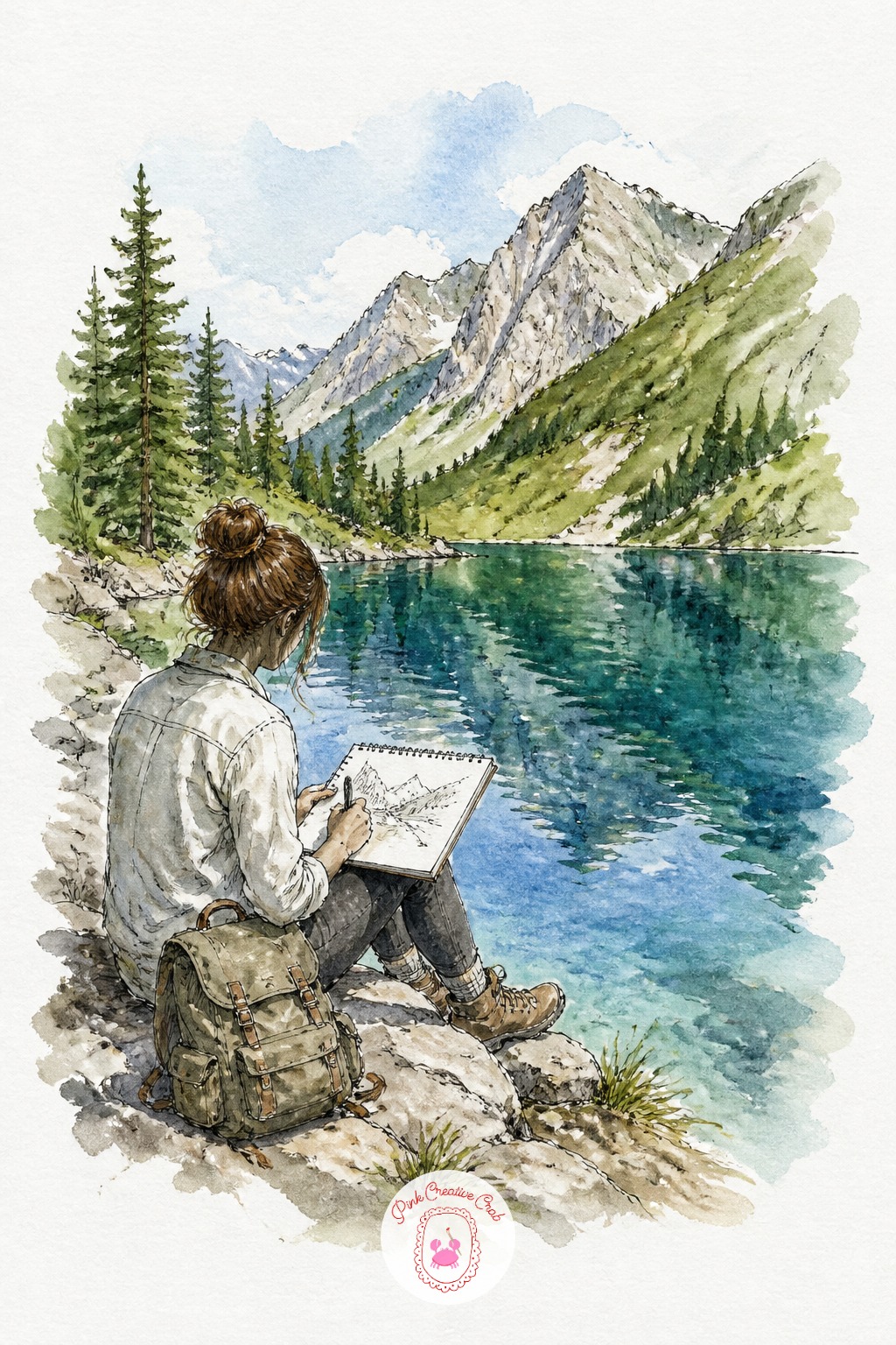 Woman Sketching Beside a Mountain Lake — This is a good one to revisit through the seasons rather than changing the pose. Travel sketchbook
