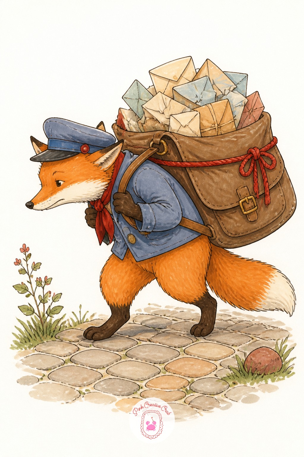 Fox Postman With a Heavy Satchel — The satchel is the whole joke here, so let it pull the fox's posture off balance before anything else goes down. Cute
