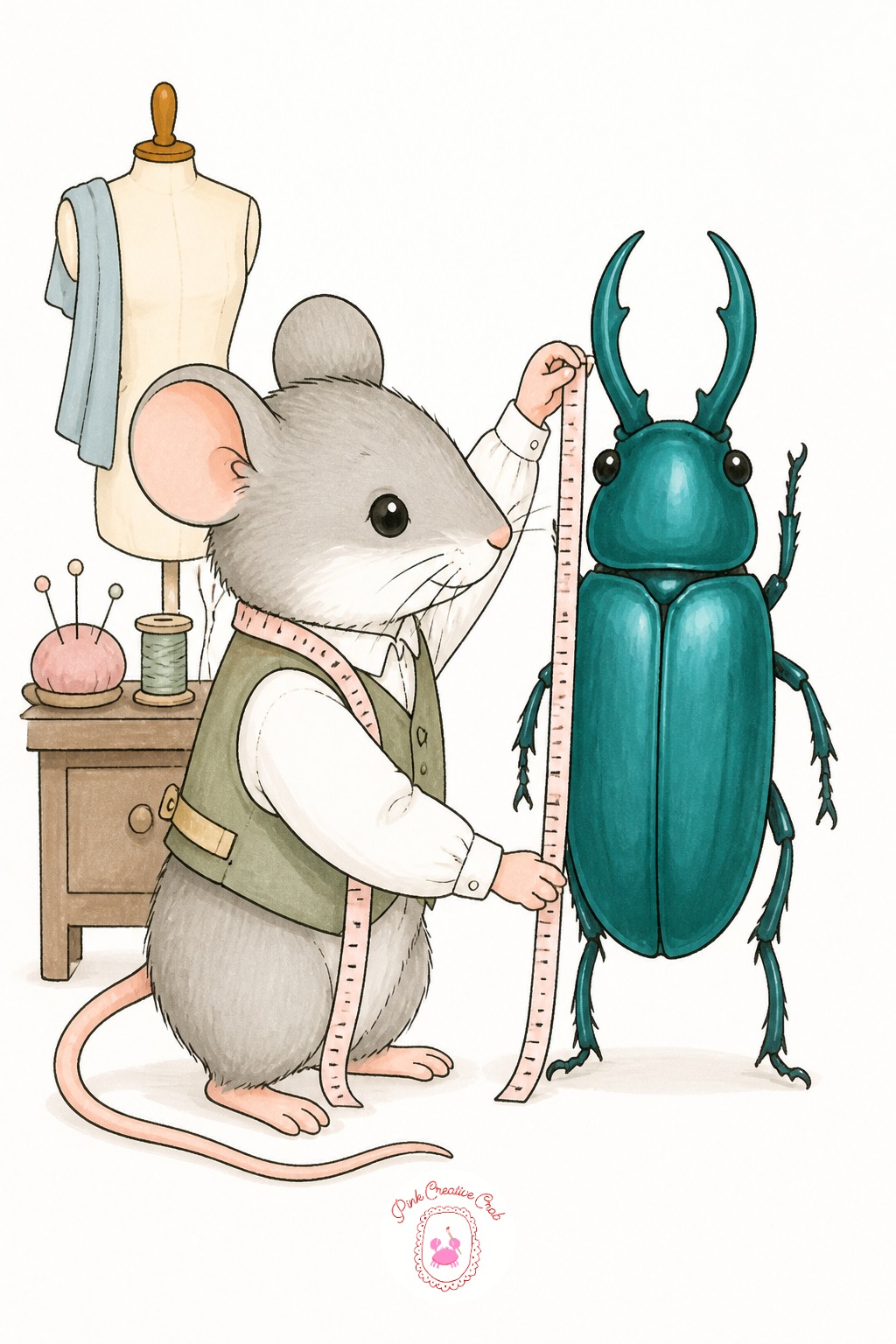 Mouse Tailor Measuring a Beetle — This one lives or dies on scale, so settle the size relationship before any outlines go permanent. Cute sketchbook ideas