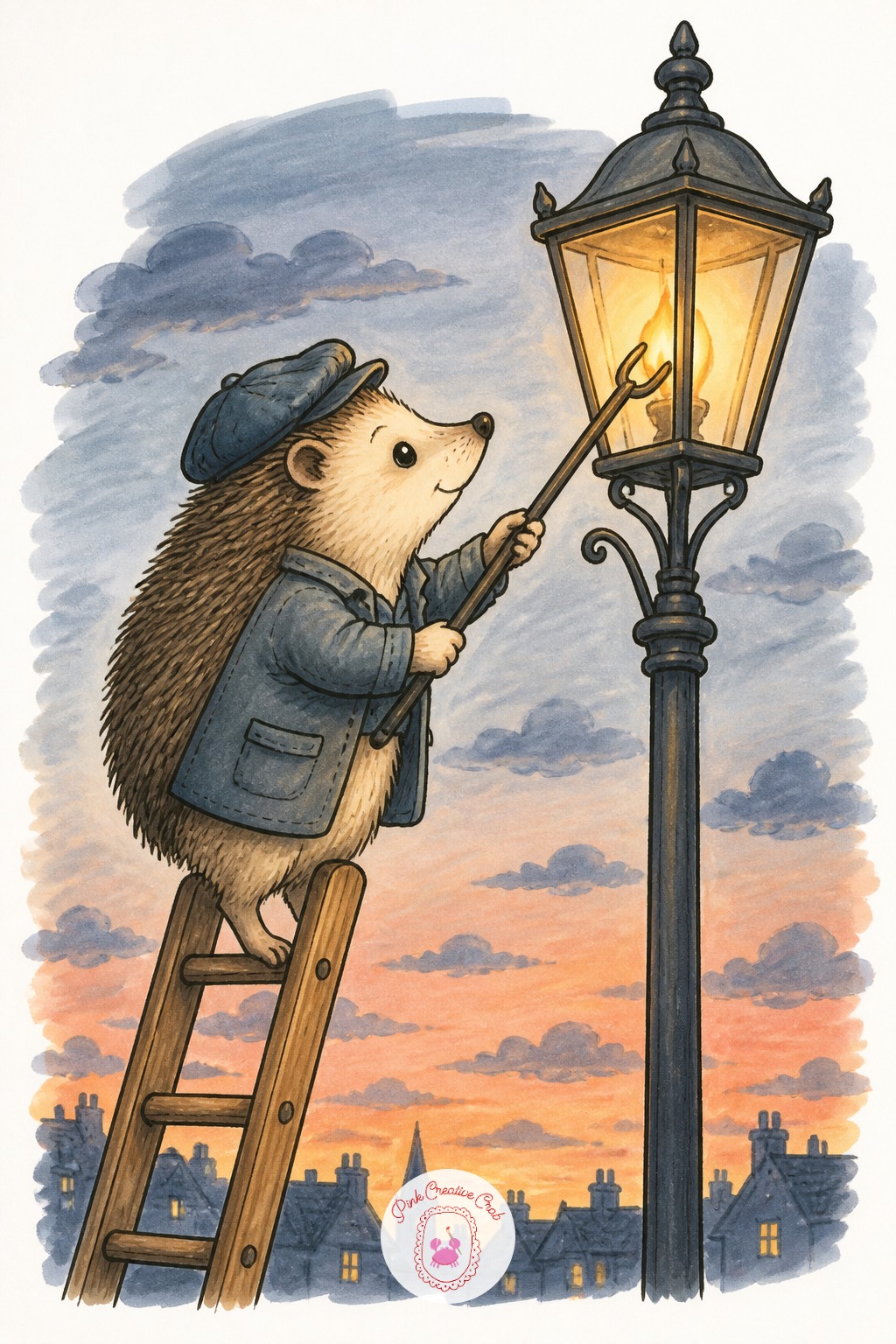 Hedgehog Lamplighter on a Ladder — Light source decides everything in this scene, so settle it before you touch color. Cute sketchbook ideas