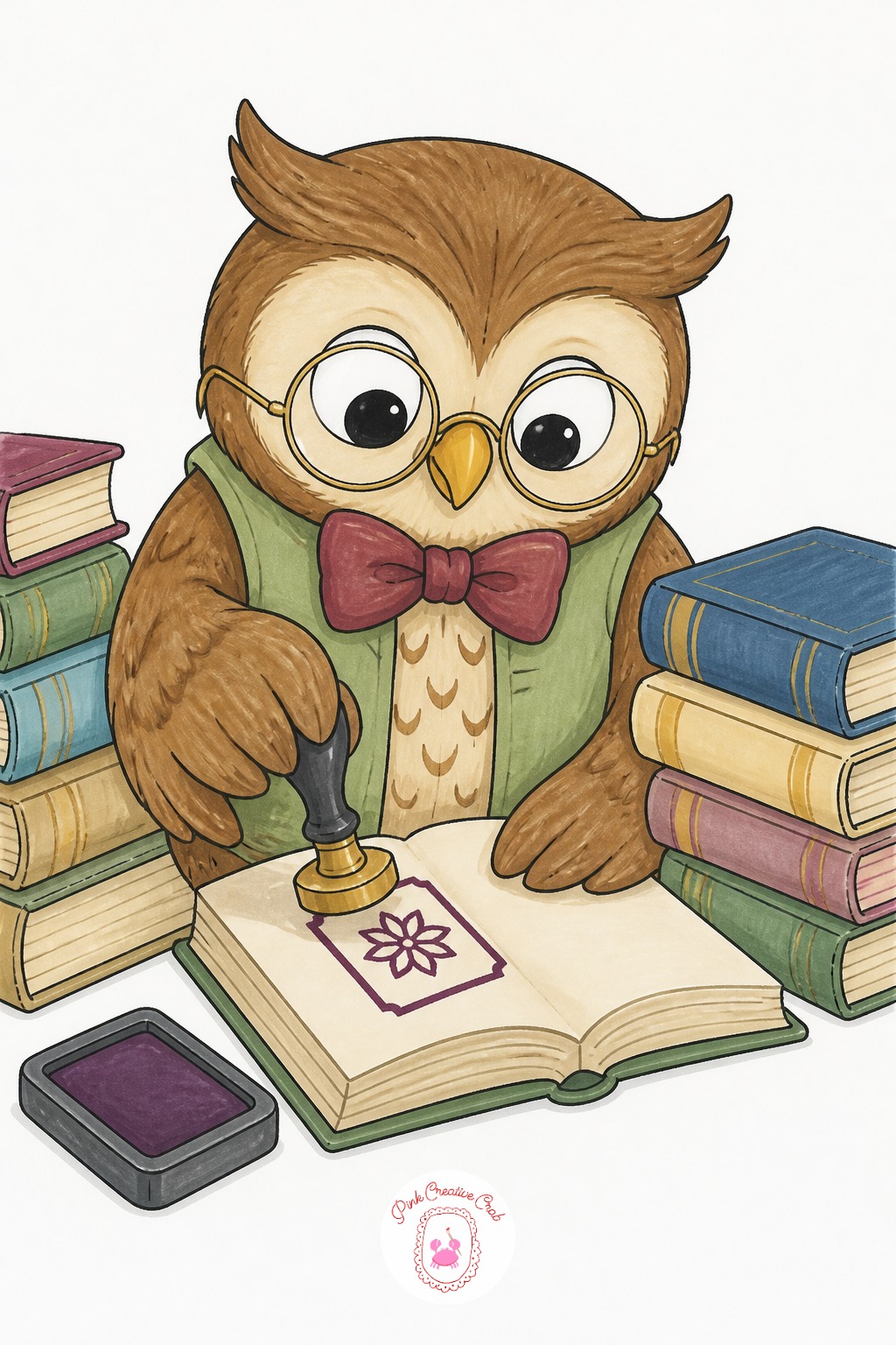 Owl Librarian Stamping Books — The usual mistake with a seated desk scene is making the character too small behind the furniture, so it reads as hidden rather