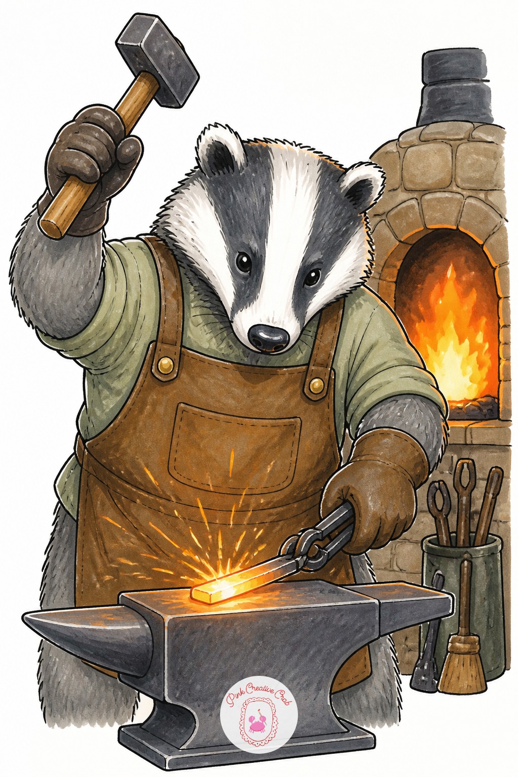 Badger Blacksmith at the Forge — Ten minutes gets you the badger at the anvil, hammer raised, with the forge glowing behind in solid orange and red. Cute