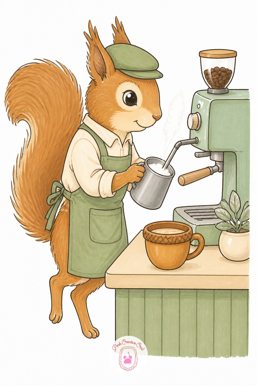 Squirrel Barista Pouring Acorn Coffee — Next time you draw this one, swap the setting rather than the job: try the squirrel at a forest cart instead of a