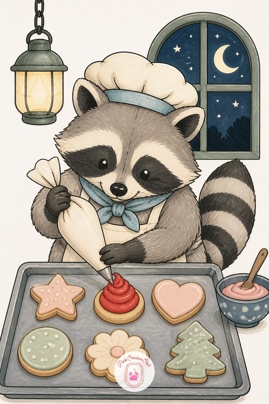 Raccoon Night Baker Icing Cookies — Working at night means the light source sits inside the room, likely a single hanging bulb or lantern over the counter, so