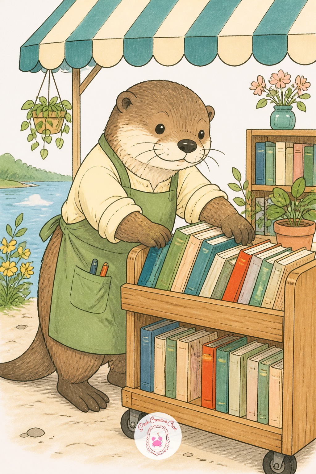 Otter Running a Riverside Bookshop — Proportion trick for this one: the otter's body, when curled slightly forward over a book cart, should measure about three