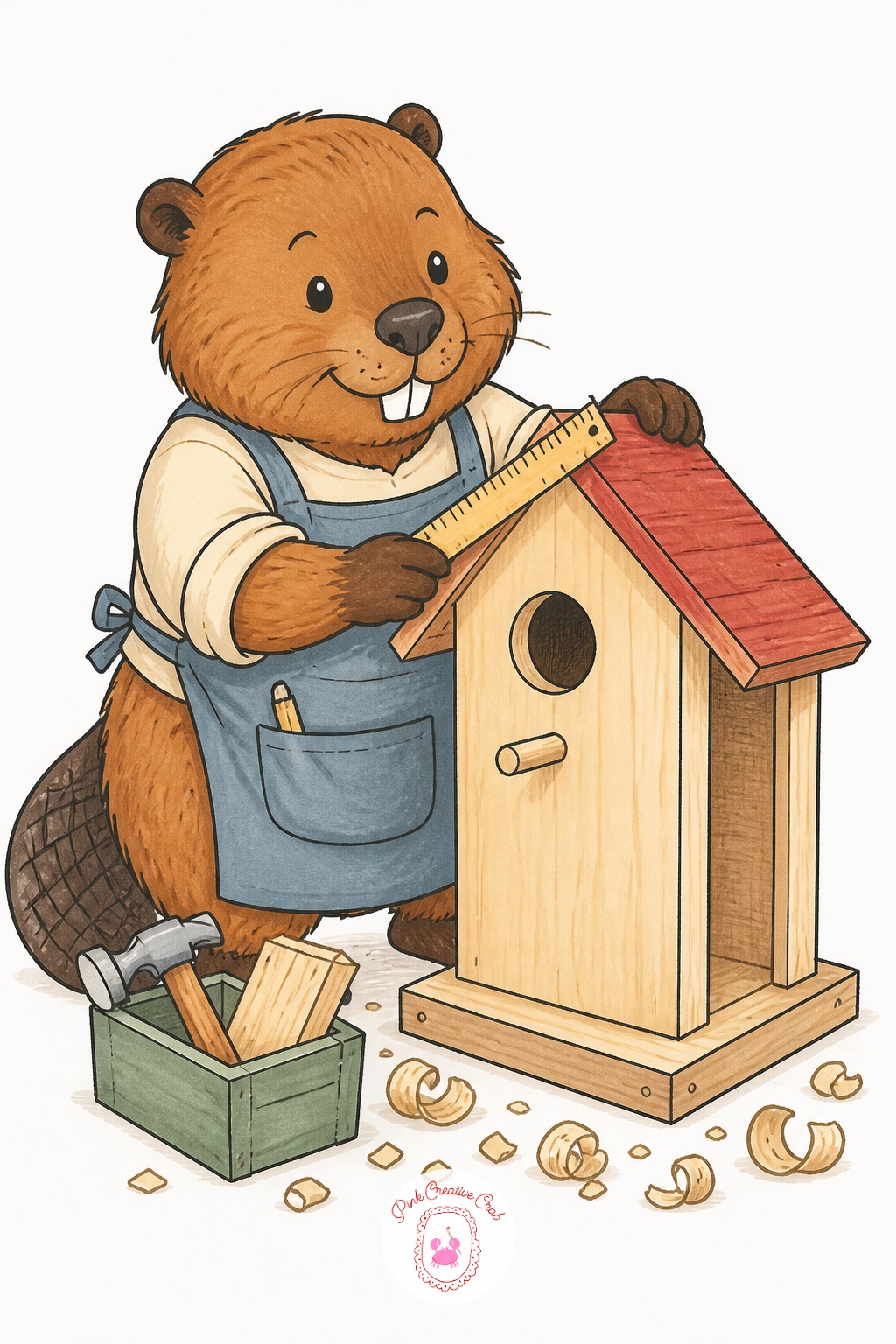 Beaver Carpenter Building a Birdhouse — Working tools read better with a little pressure variation on the lead or pen, press harder on the saw's teeth edge and
