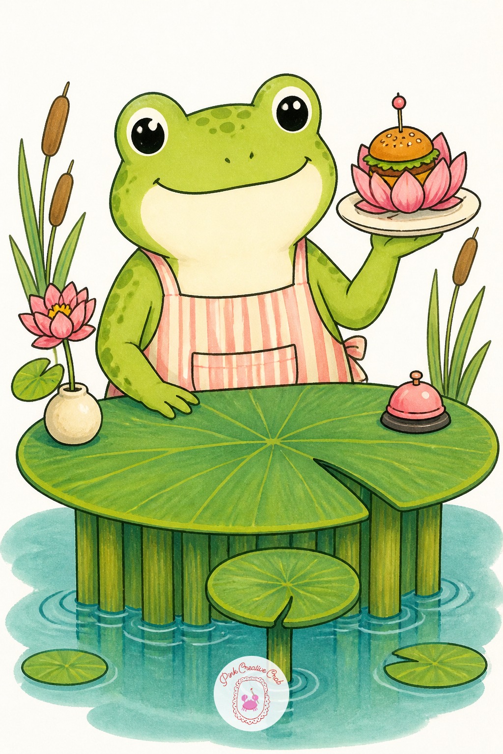 Frog Running a Lily Pad Diner — Quick version, ten minutes: the frog stands behind a lily pad counter holding a single plate, done. Cute sketchbook ideas