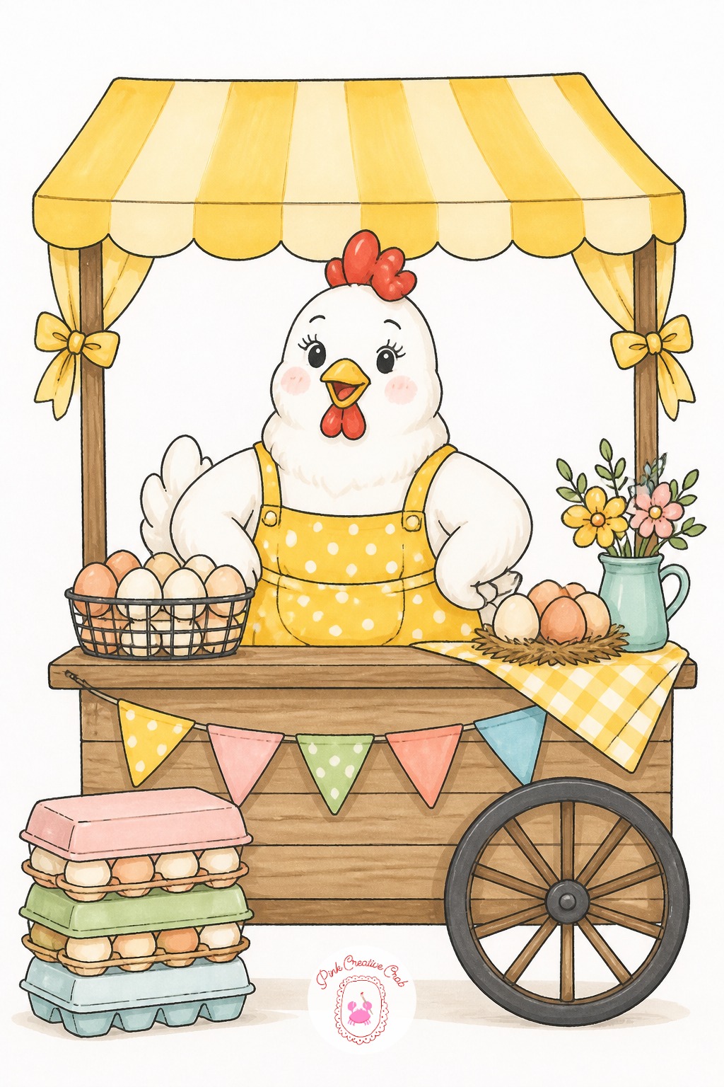 Chicken Running a Egg Cart Bakery Stand — The usual mistake here is making the cart wheels too small, which tips the whole cart forward visually. Cute