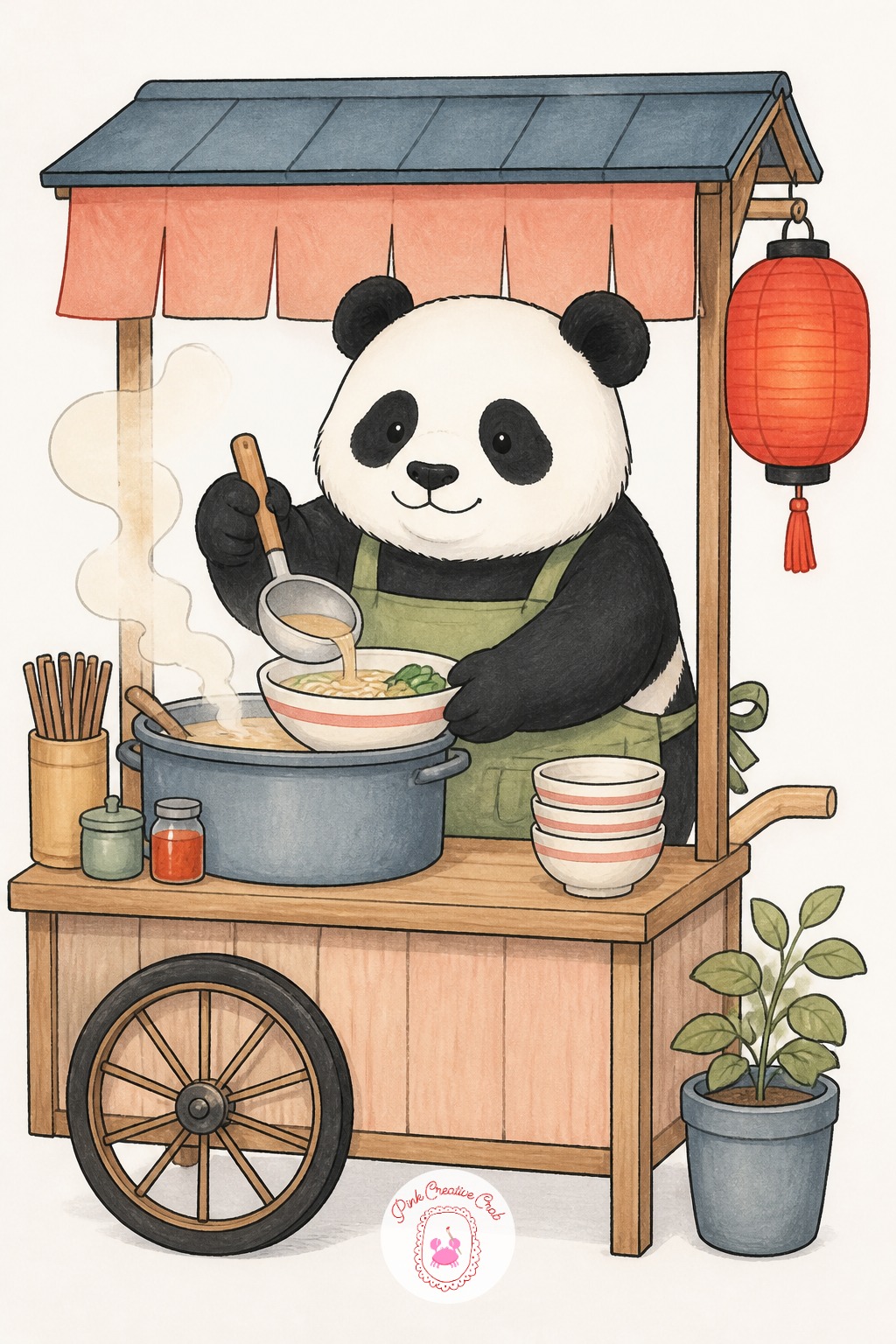 Panda Running a Noodle Soup Cart — Steam is doing double duty in this scene, it shows the soup is hot and it fills empty space above the cart without adding