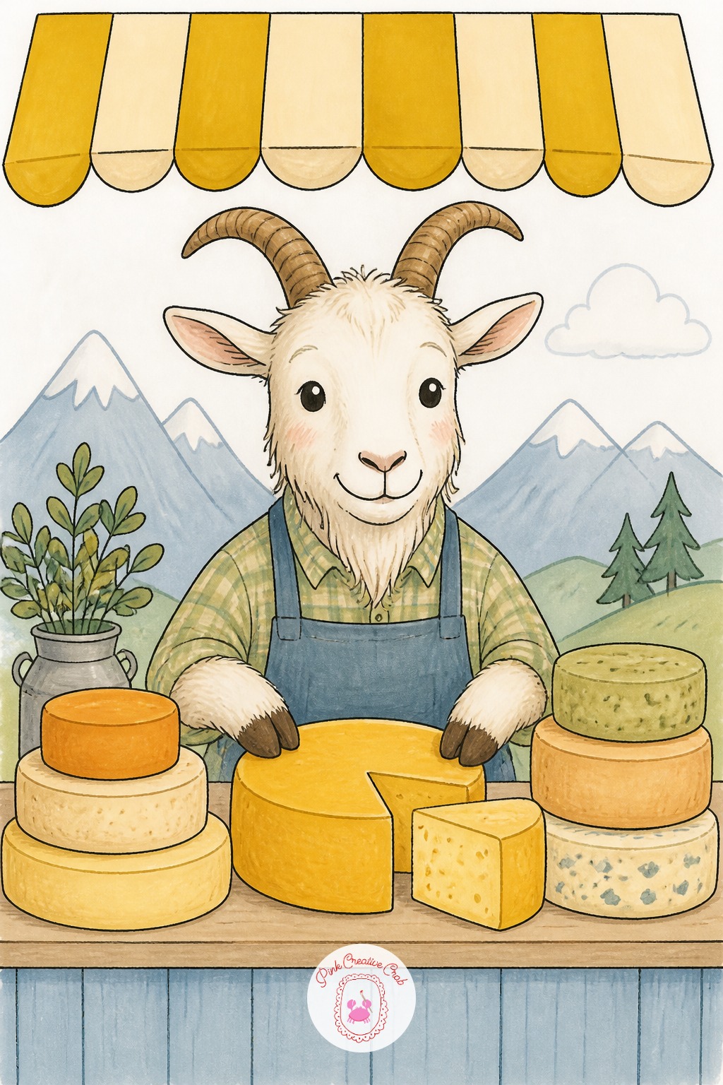 Goat Running a Mountain Cheese Shop — Horns change the top silhouette the same way antlers do, so sketch them in first, curving outward, before placing the