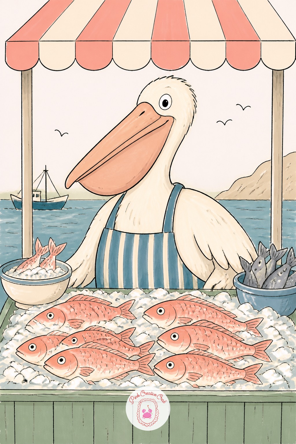 Pelican Running a Fish Market Stall — Beak size is the trap here, oversize it even slightly past what feels right, pelican beaks read as cartoonish and
