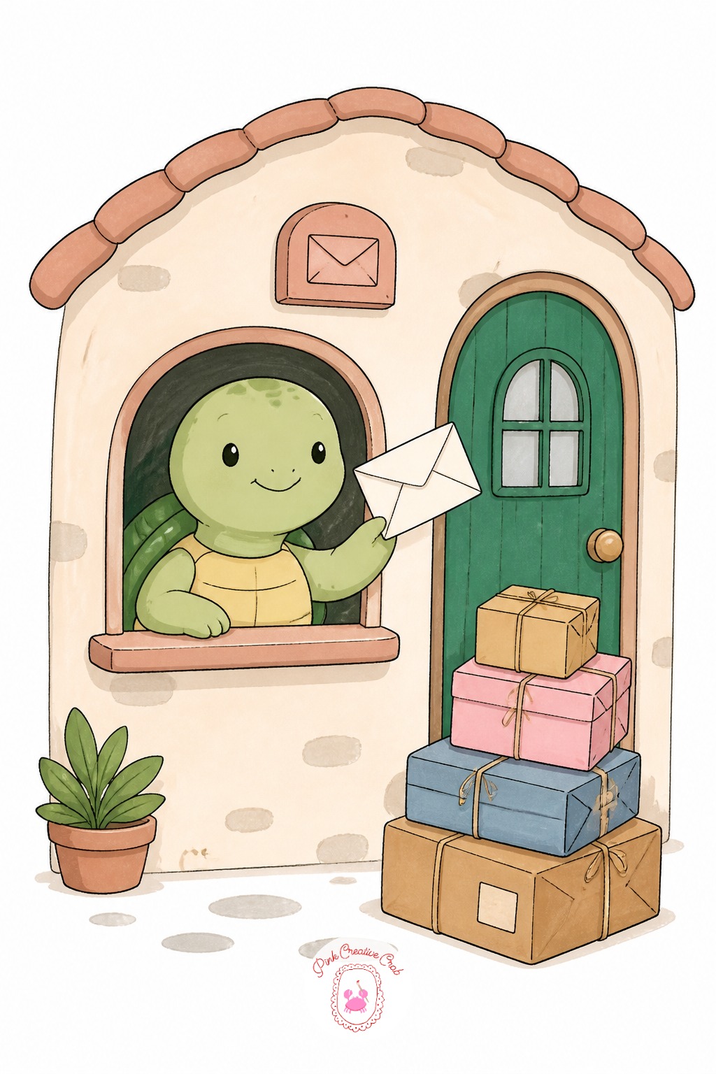 Turtle Running a Slow and Steady Post Office — Shell patterns are tempting to overdo, resist it. Cute sketchbook ideas