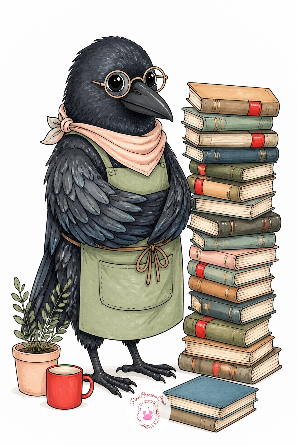 Crow Running a Secondhand Bookshop Stall — Black feathers are the hardest fill in this whole list because flat black can go dead on the page. Cute sketchbook