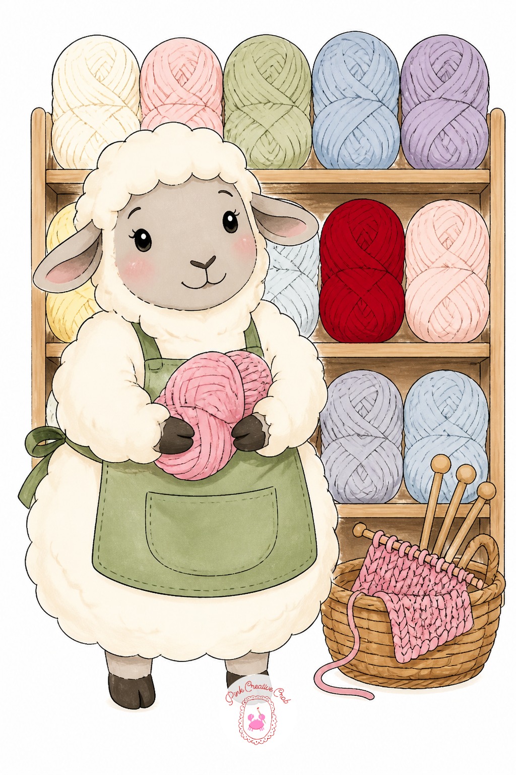 Sheep Running a Wool and Yarn Shop — Fluffy fur texture benefits from the side of the pen or a chisel-tip marker dragged lightly rather than drawn stroke by