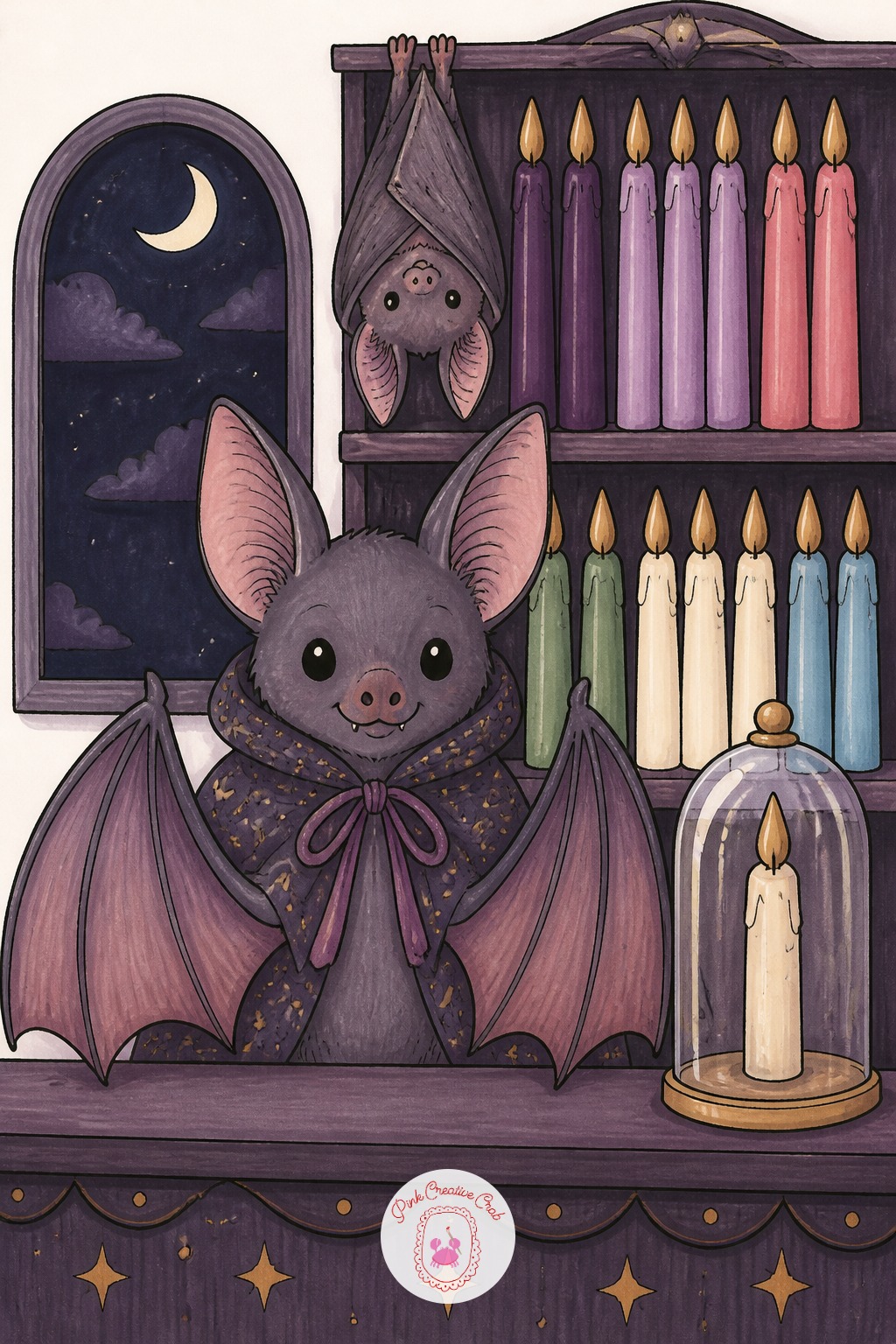 Bat Running a Midnight Candle Shop — Nighttime scenes need the darkest dark reserved for one small area only, usually the sky or a doorway, or the whole page