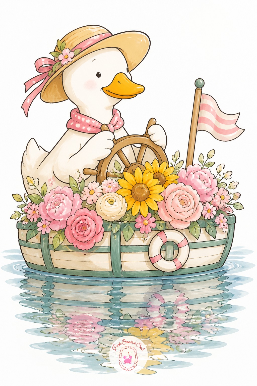 Duck Running a Floating Flower Barge — Water reflections are the trick worth learning here. Cute sketchbook ideas