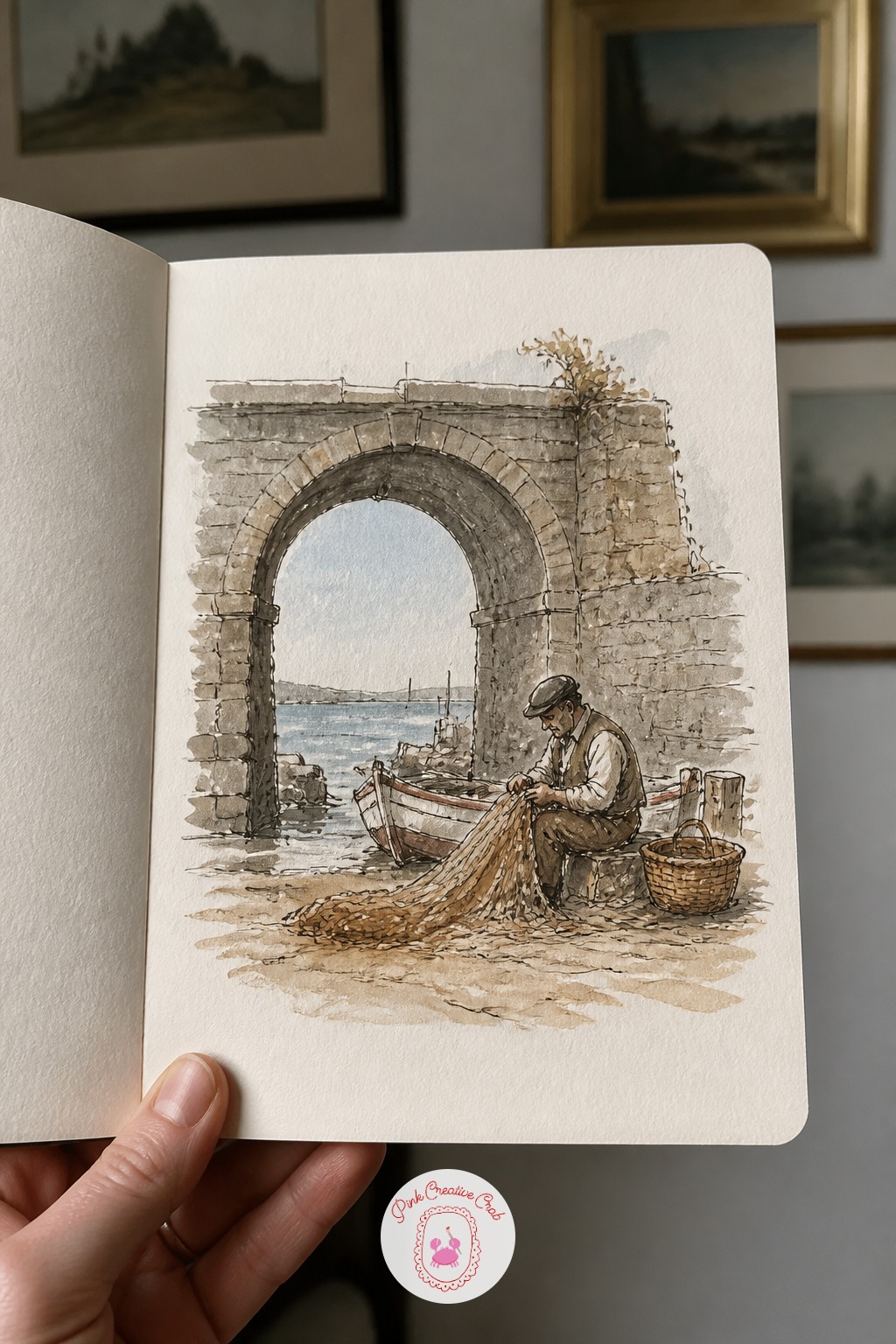Fisherman Mending Nets by a Harbor Arch — Ten minutes gets you the stone arch, the boat hull, and the seated fisherman as simple shapes, washed in two flat