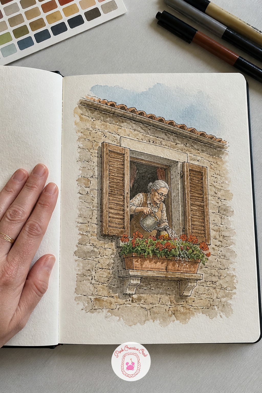 Grandmother Watering Window Boxes — Dry brush the window box flowers rather than painting them wet. Architecture sketchbook